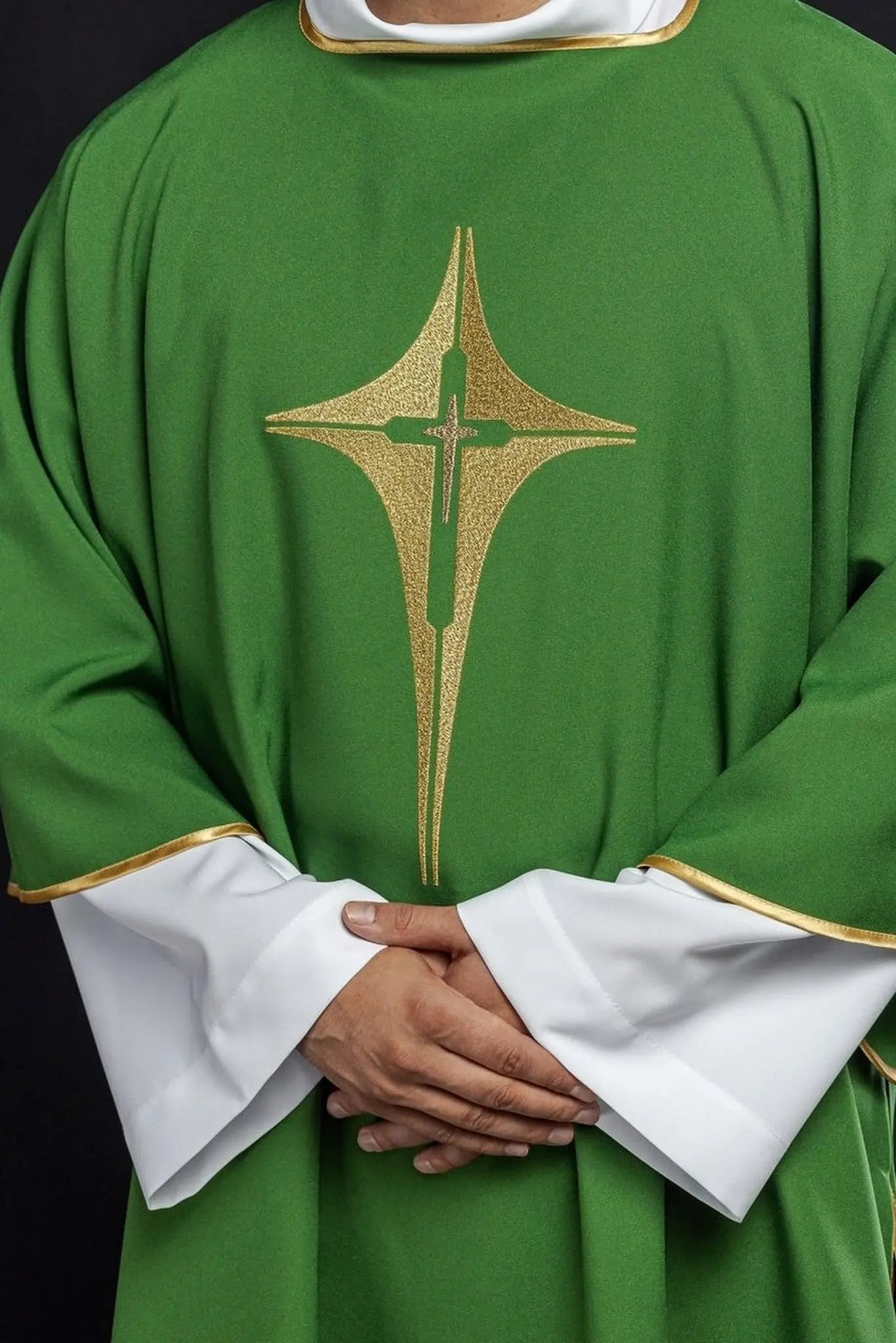 Green Dalmatian with embroidered gold cross