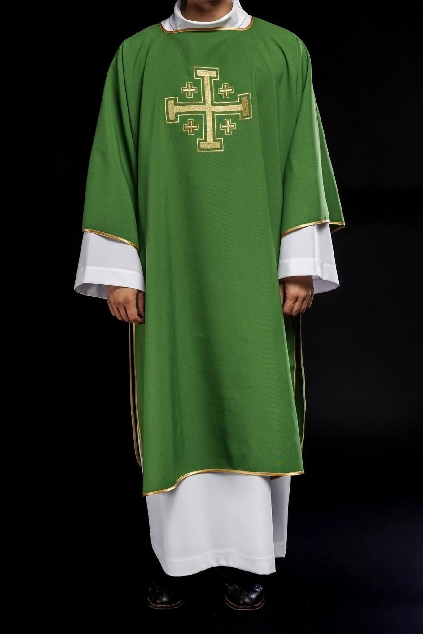 Green Dalmatian with embroidered gold crosses