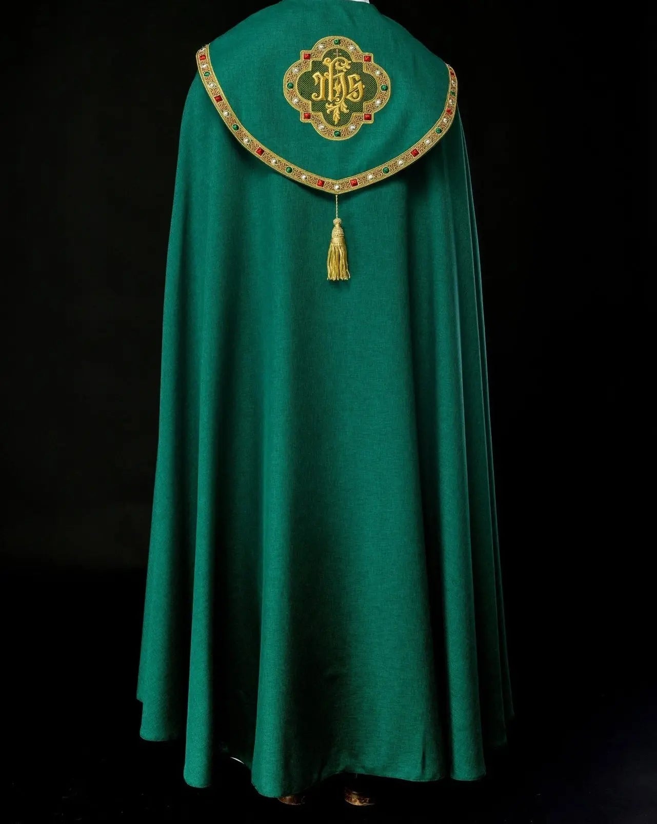 Green liturgical cape with gold IHS