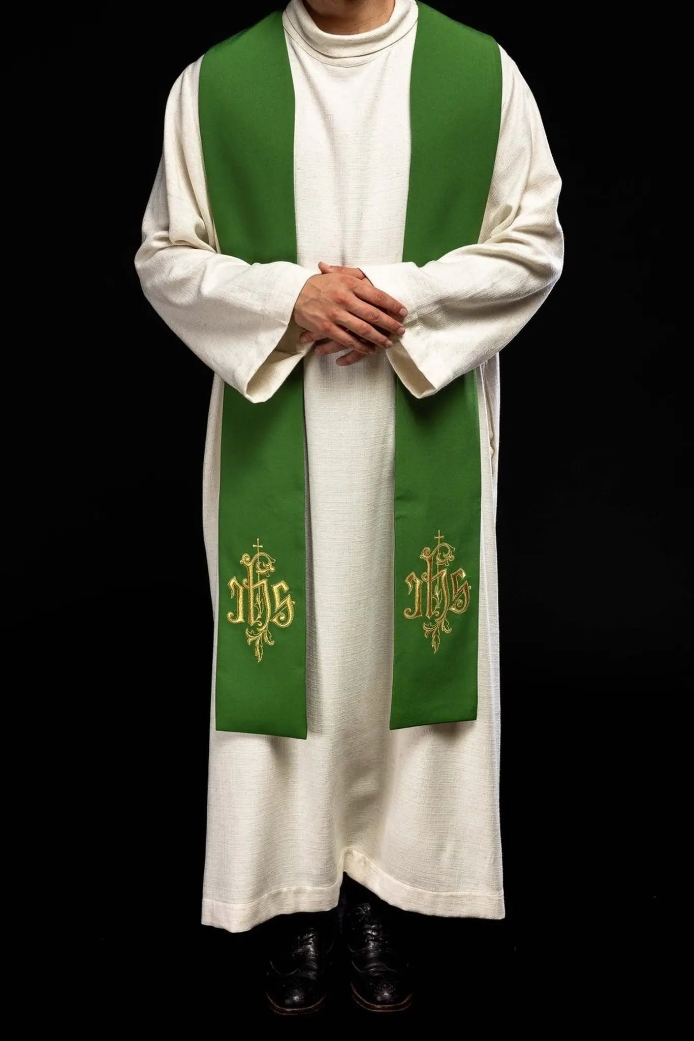 Green stole with IHS embroidery