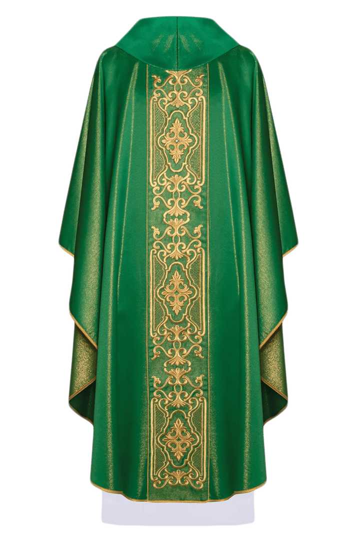 Green chasuble richly embroidered lustre