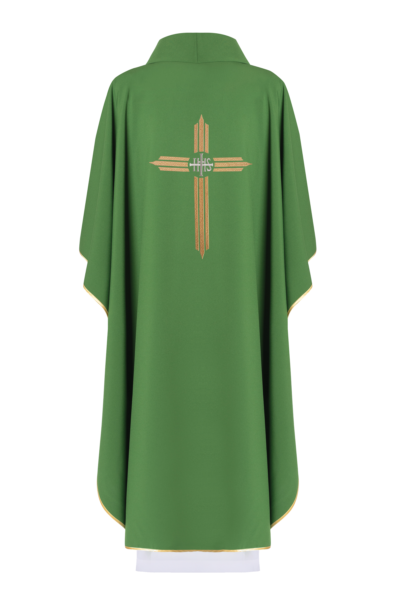 Green embroidered chasuble with IHS Cross