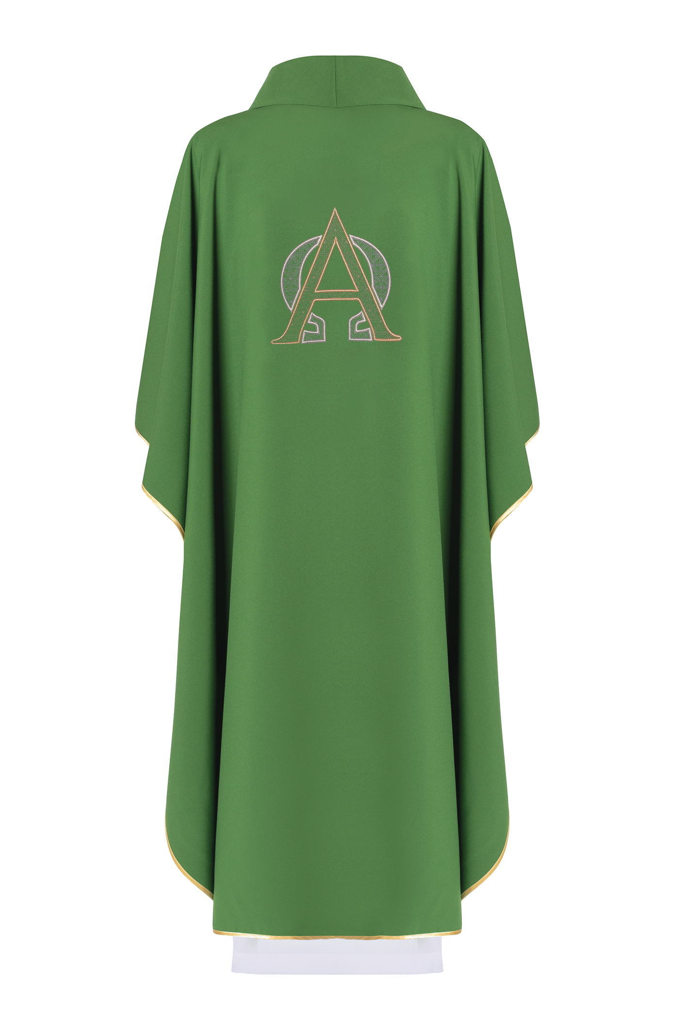 Green chasuble embroidered with Alpha and Omega symbol Α and Ω