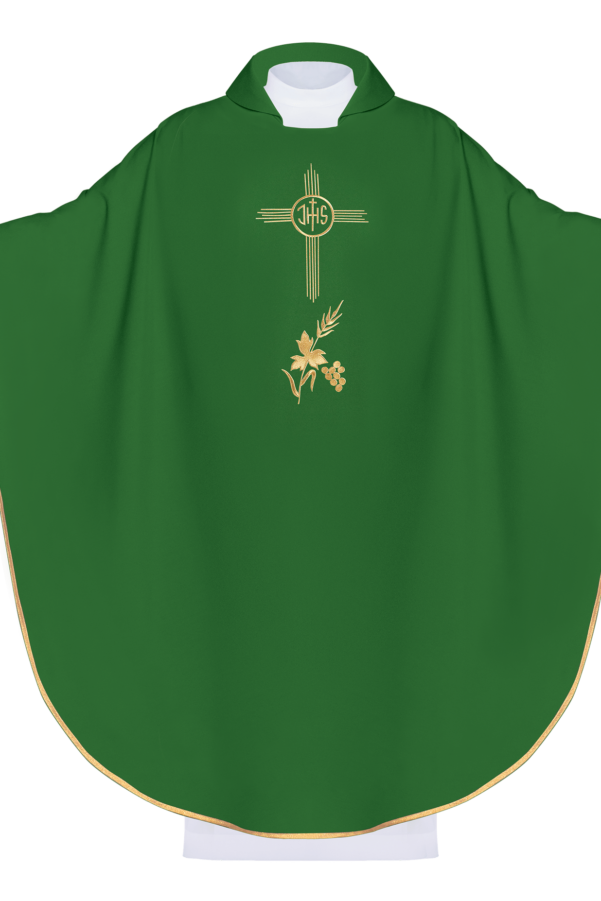 Green embroidered chasuble with wide collar and IHS motif