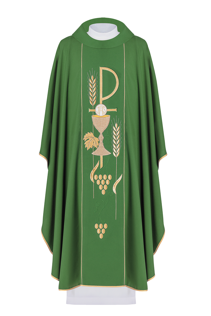 Green chasuble embroidered with IHS chalice design