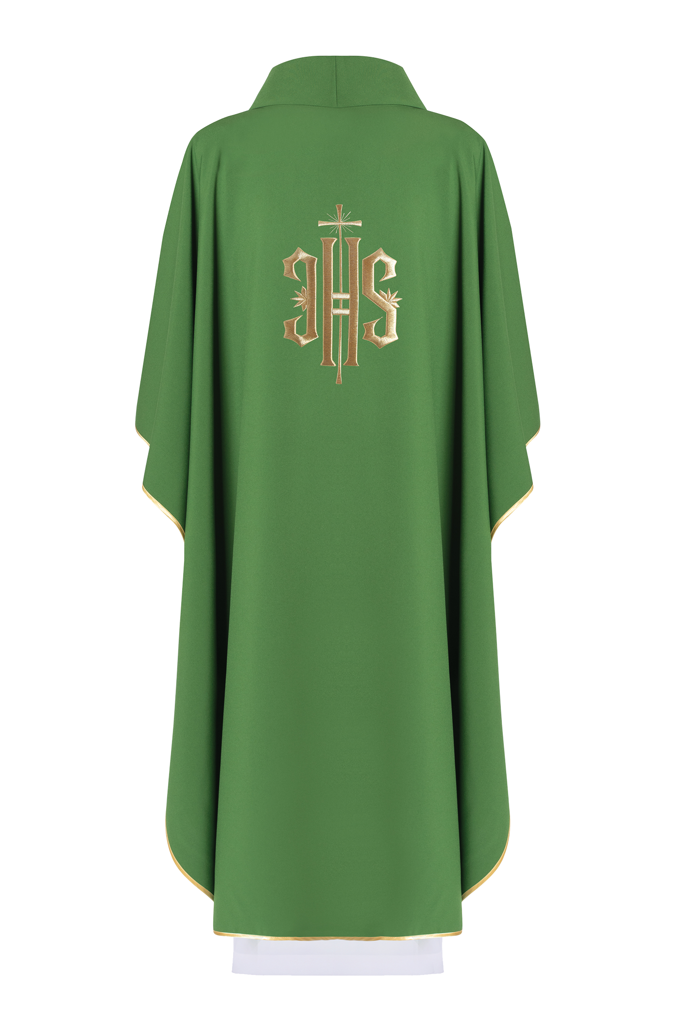 Green embroidered chasuble with gold IHS motif