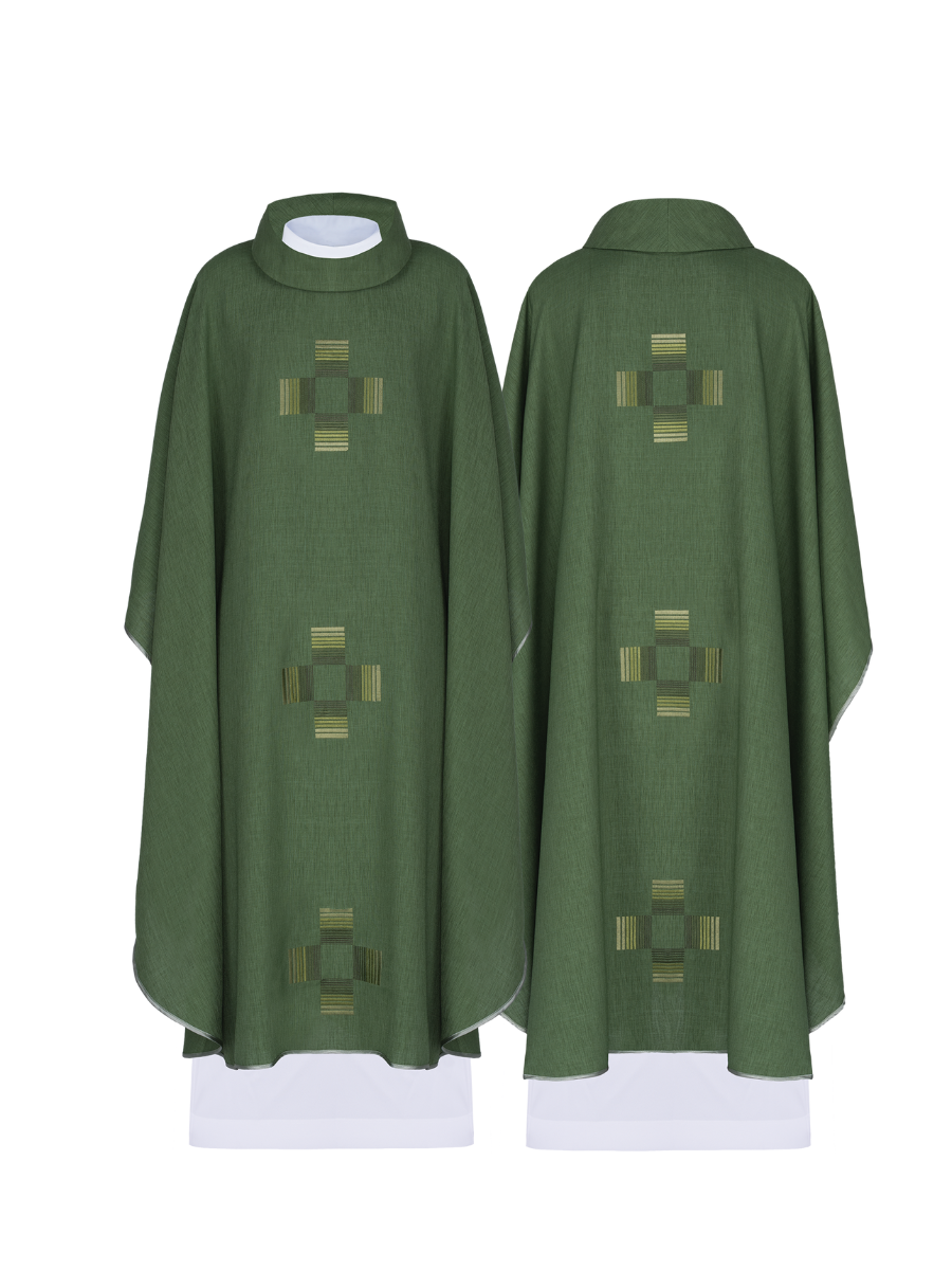 Green chasuble with embroidered crosses