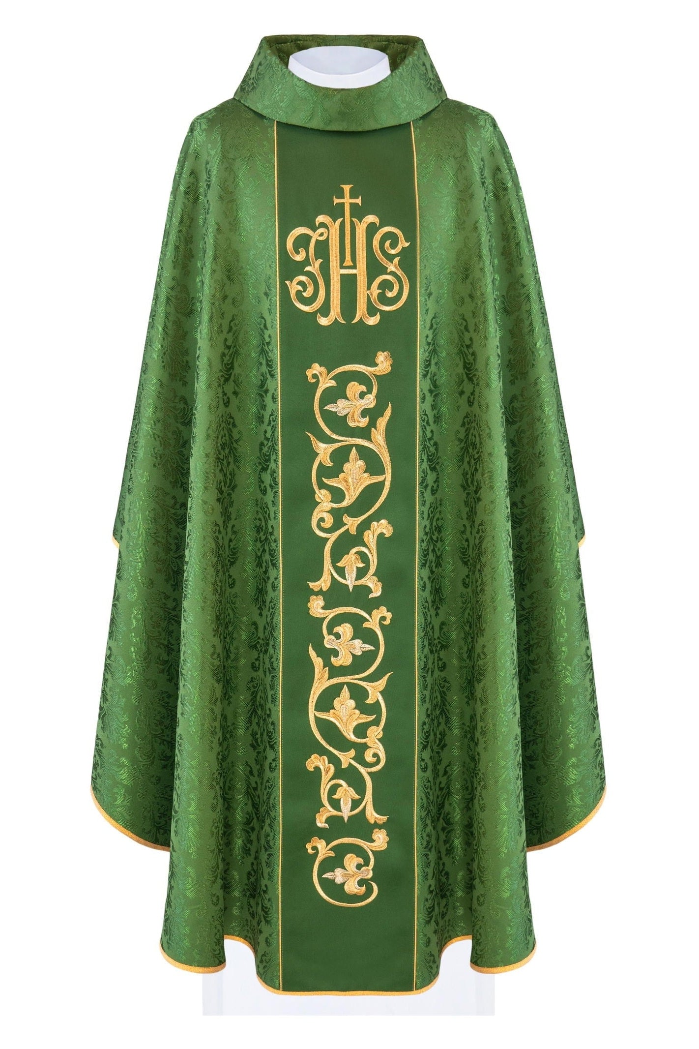 Green liturgical chasuble with richly decorated IHS belt