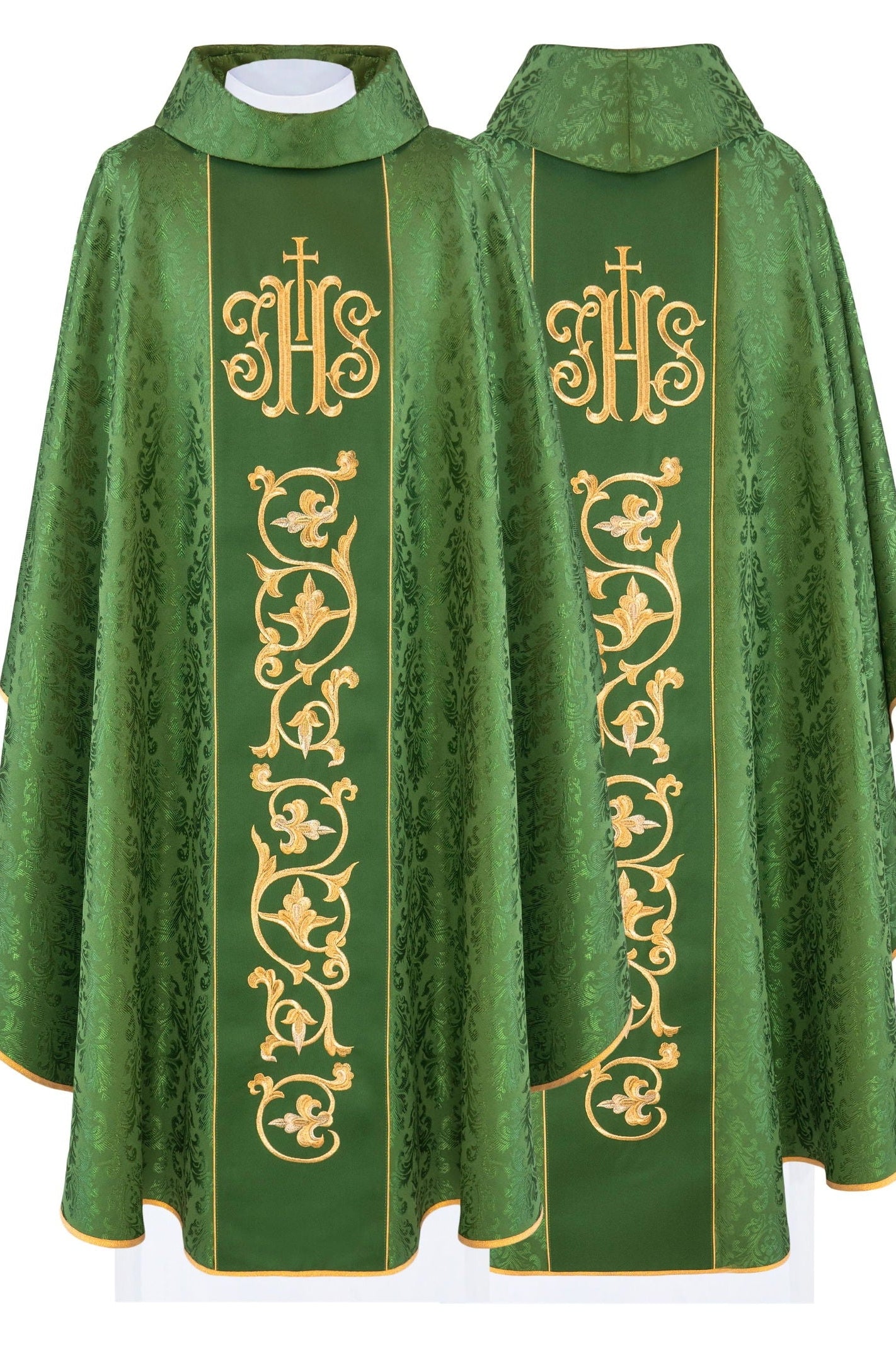 Green liturgical chasuble with richly decorated IHS belt