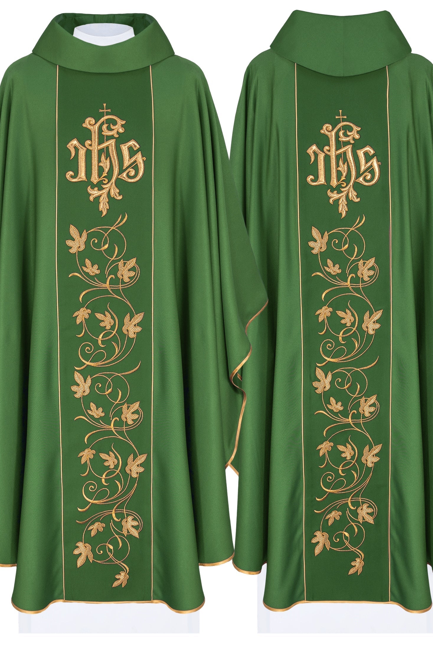 Green liturgical chasuble with richly decorated belt with floral motif and IHS