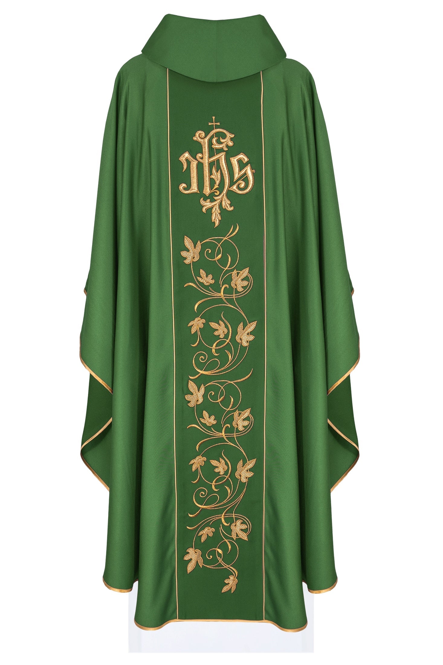 Green liturgical chasuble with richly decorated belt with floral motif and IHS