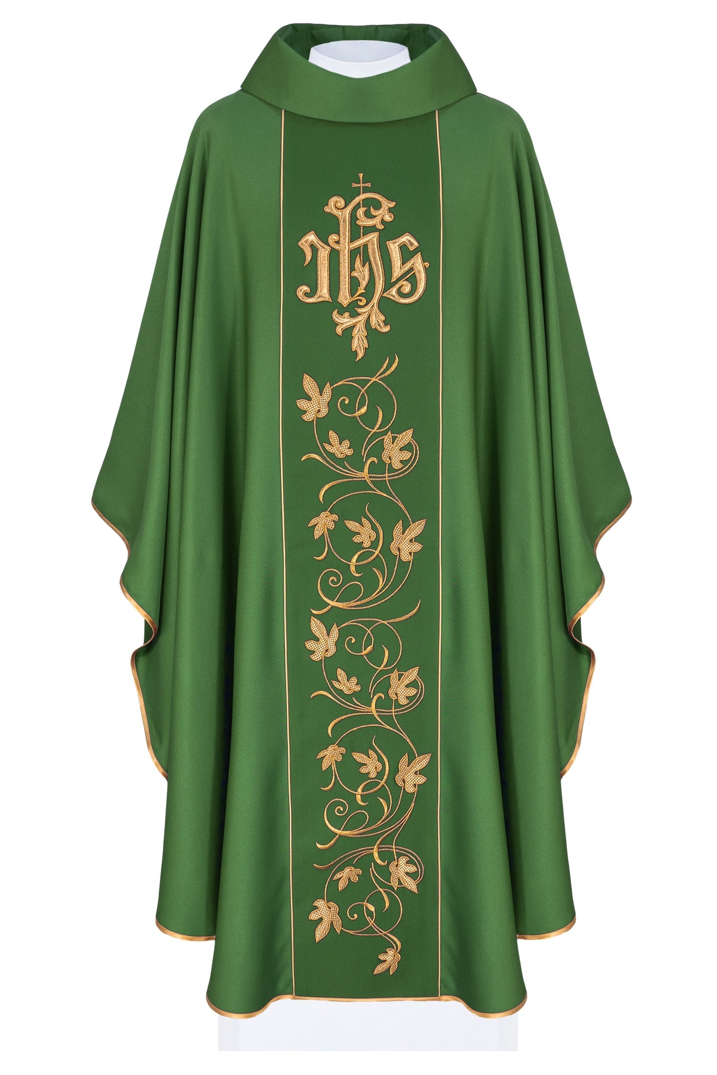 Green liturgical chasuble with richly decorated belt with floral motif and IHS