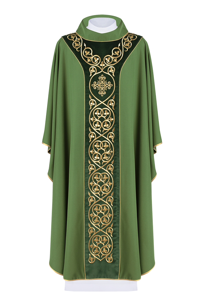 Green liturgical chasuble decorated with embroidery on velvet