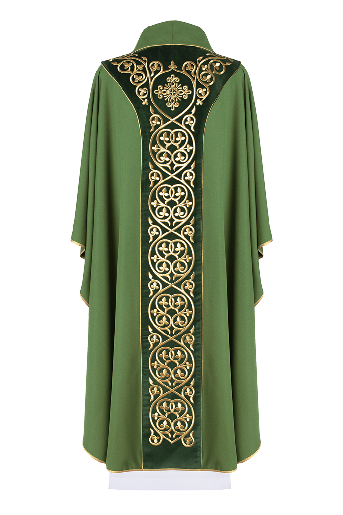 Green liturgical chasuble decorated with embroidery on velvet