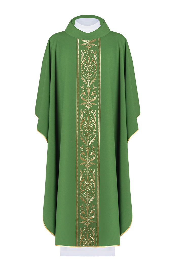 Green liturgical chasuble decorated with gold embroidered belt