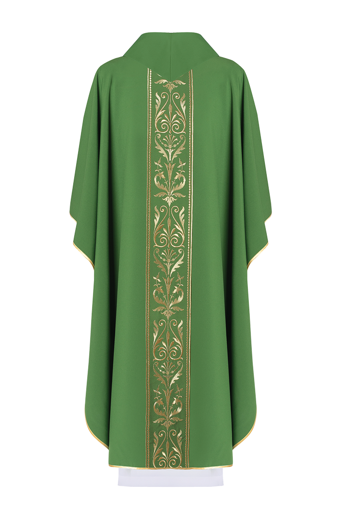 Green liturgical chasuble decorated with gold embroidered belt