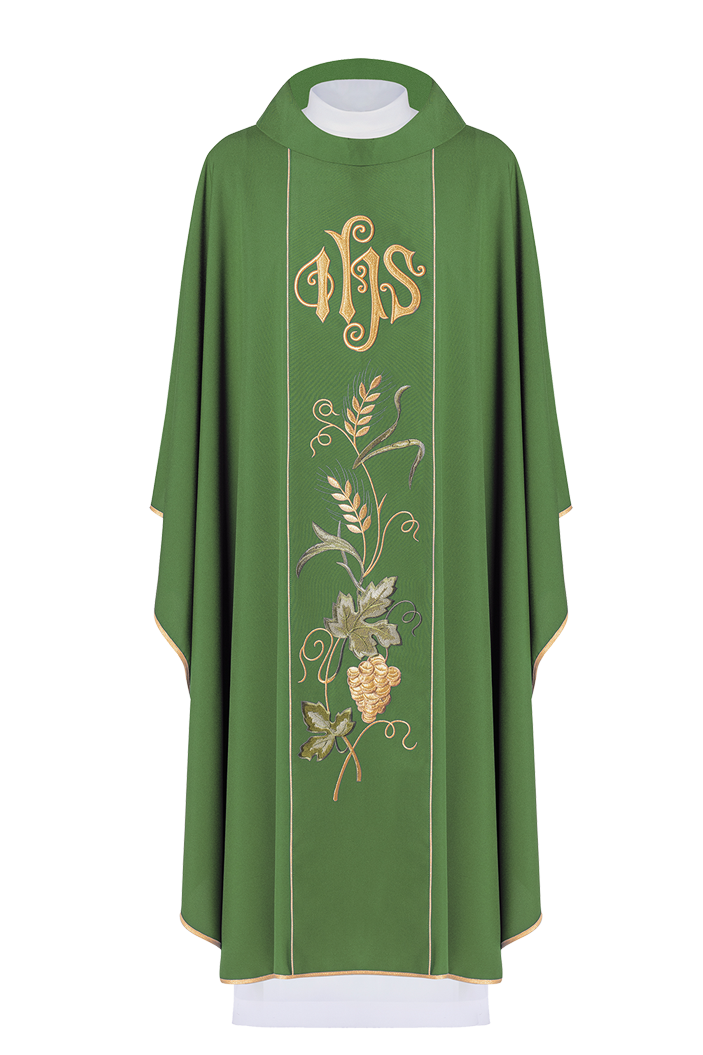 Green chasuble on belt with IHS embroidery, ears and grapes