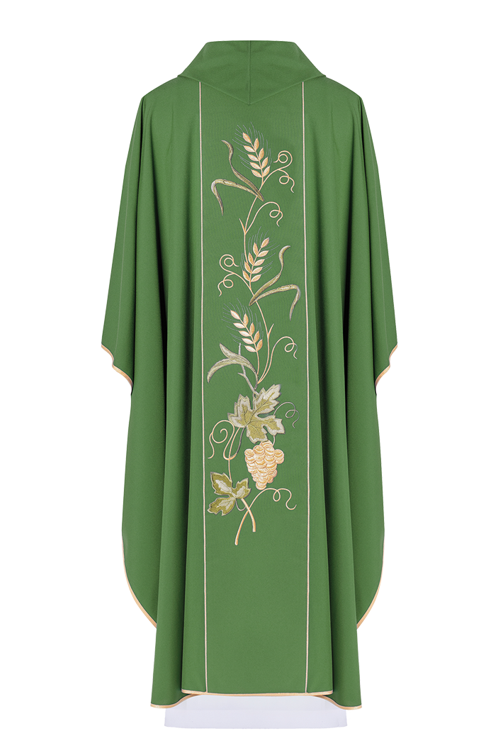 Green chasuble on belt with IHS embroidery, ears and grapes