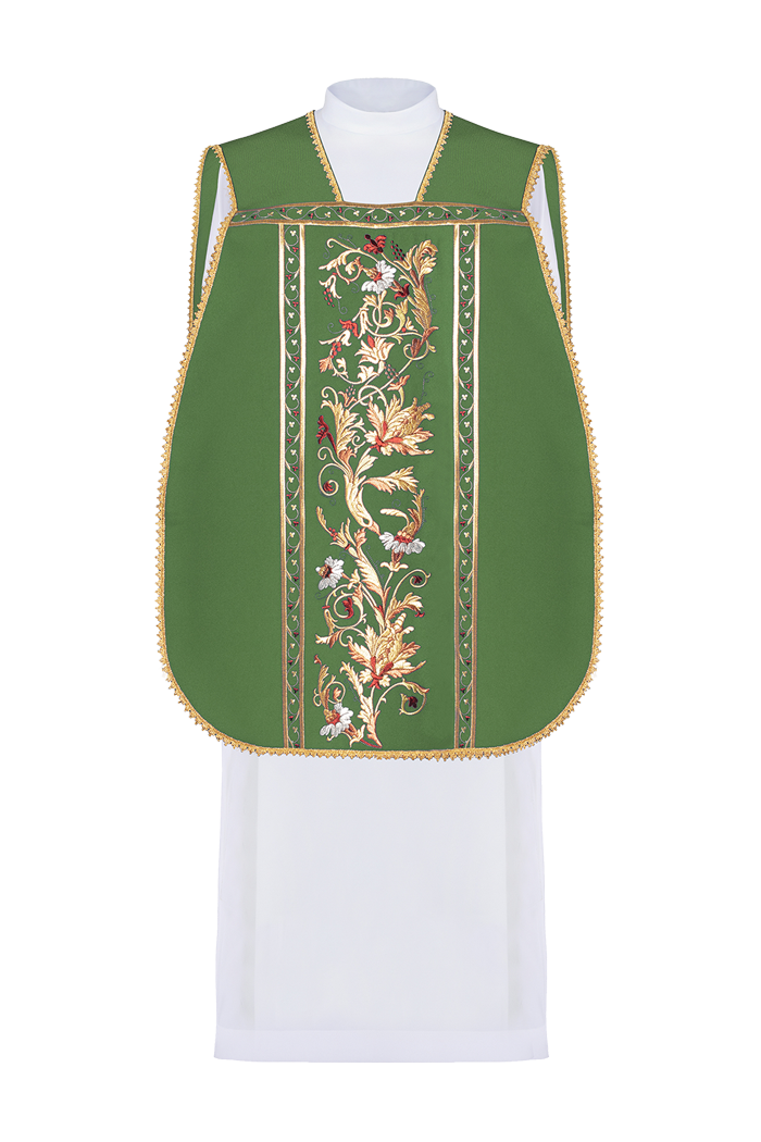 Green Roman chasuble embroidered with IHS motif