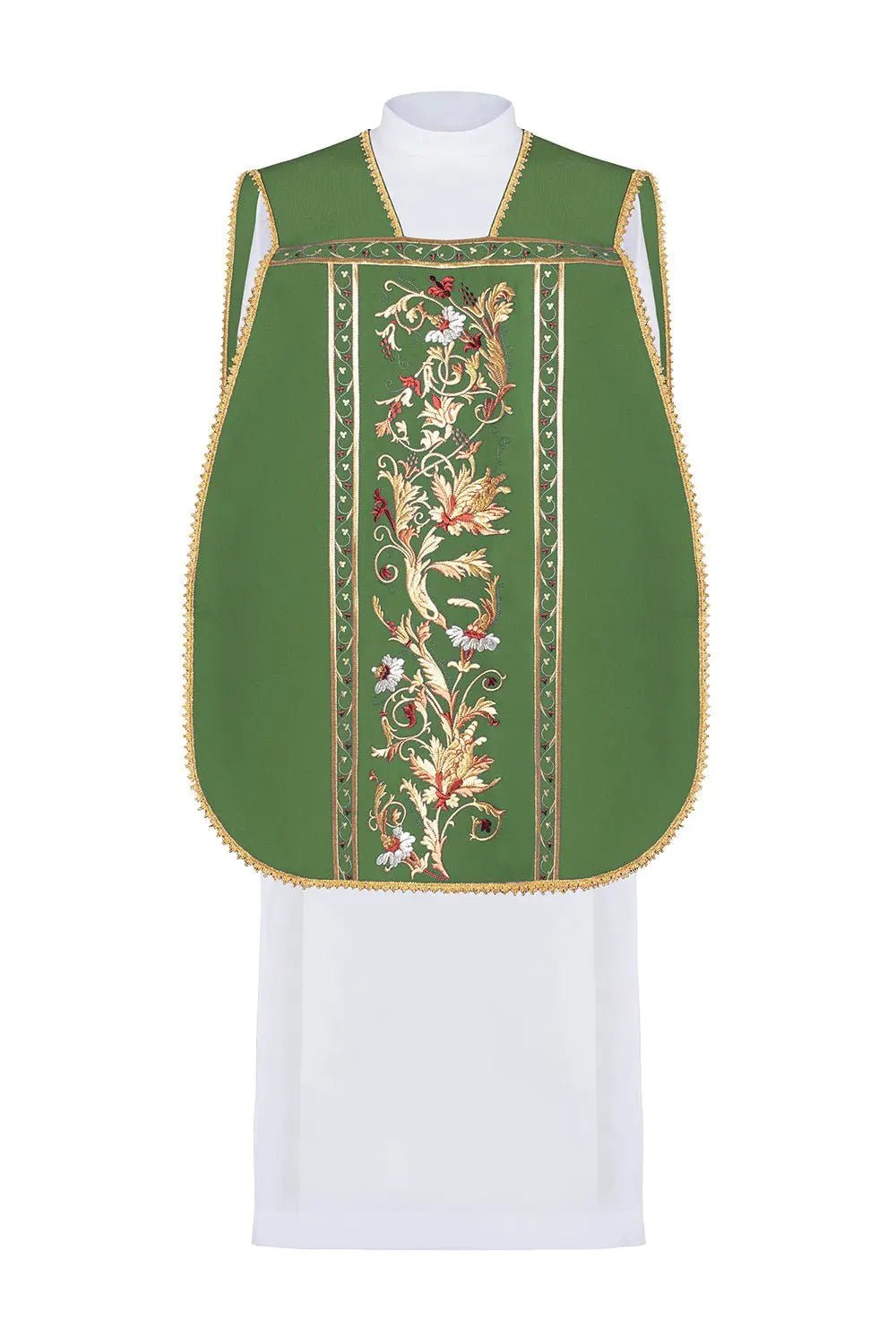 Green Roman chasuble embroidered with Eucharistic chalice motif