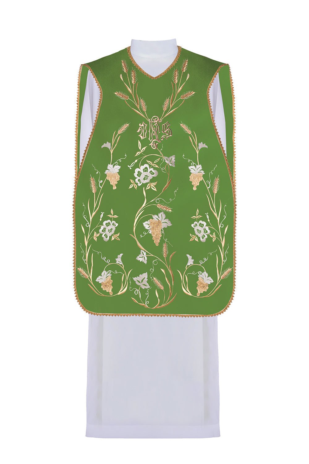 Green Roman chasuble with motif of IHS, ears and grapes