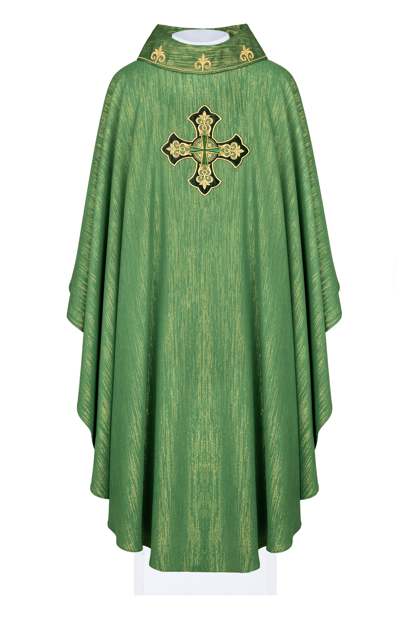 Green chasuble with richly embroidered cross and decorated collar