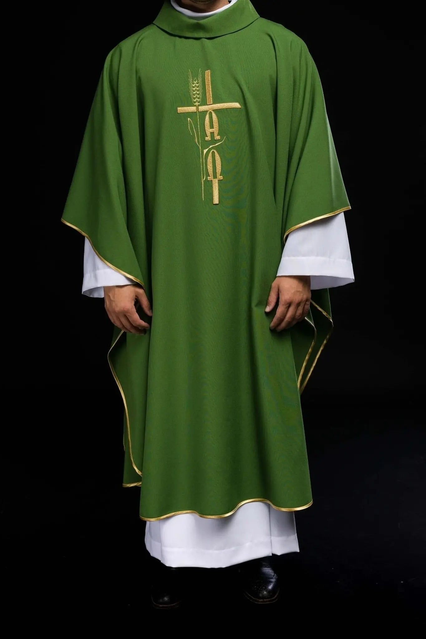 Green chasuble with Alpha Omega embroidery