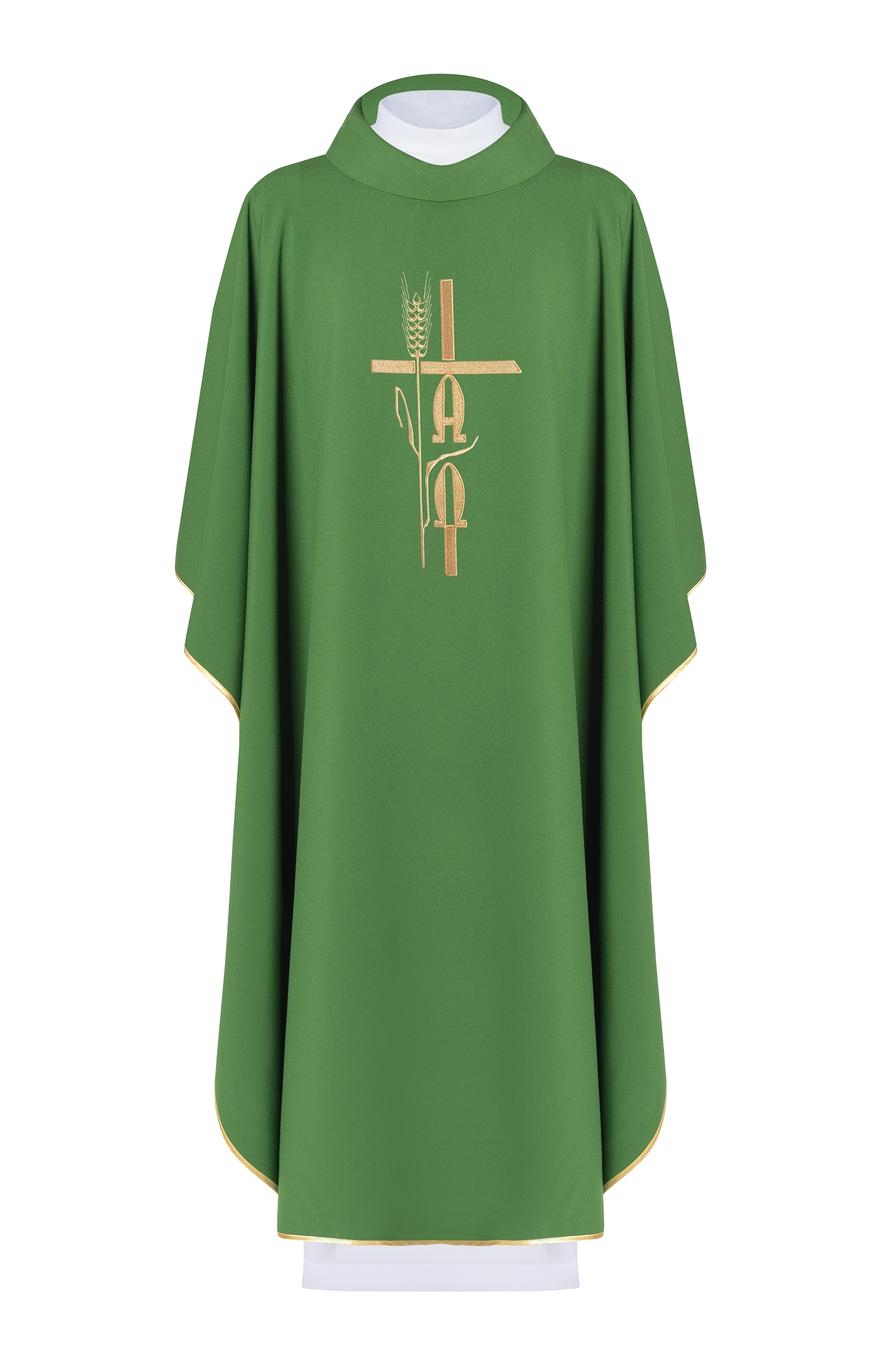 Green chasuble with Alpha Omega embroidery