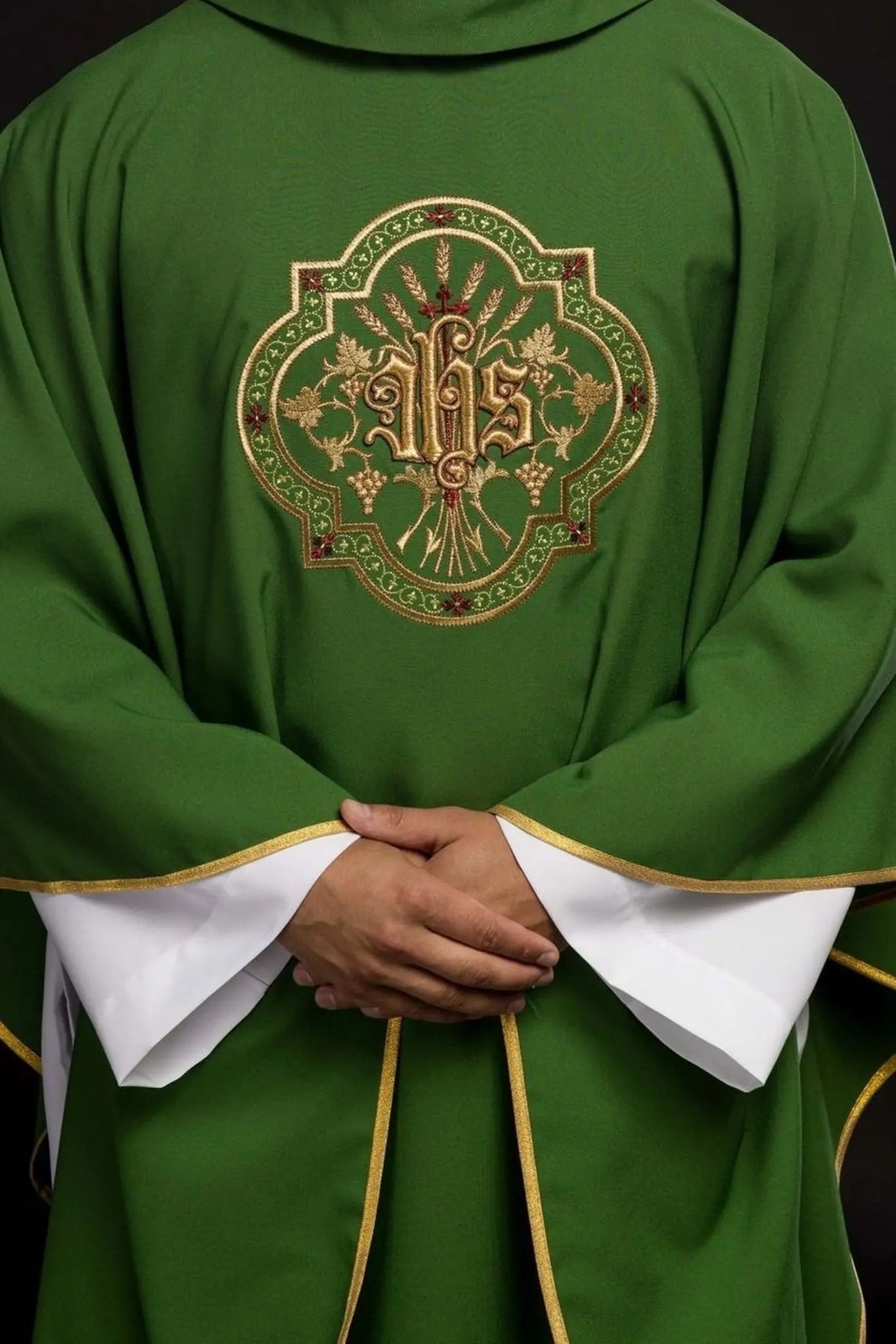 Green chasuble with IHS and PAX embroidery