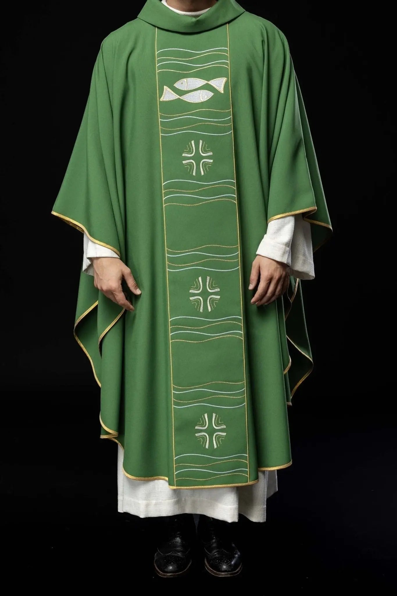 Green chasuble with cross and fish embroidery