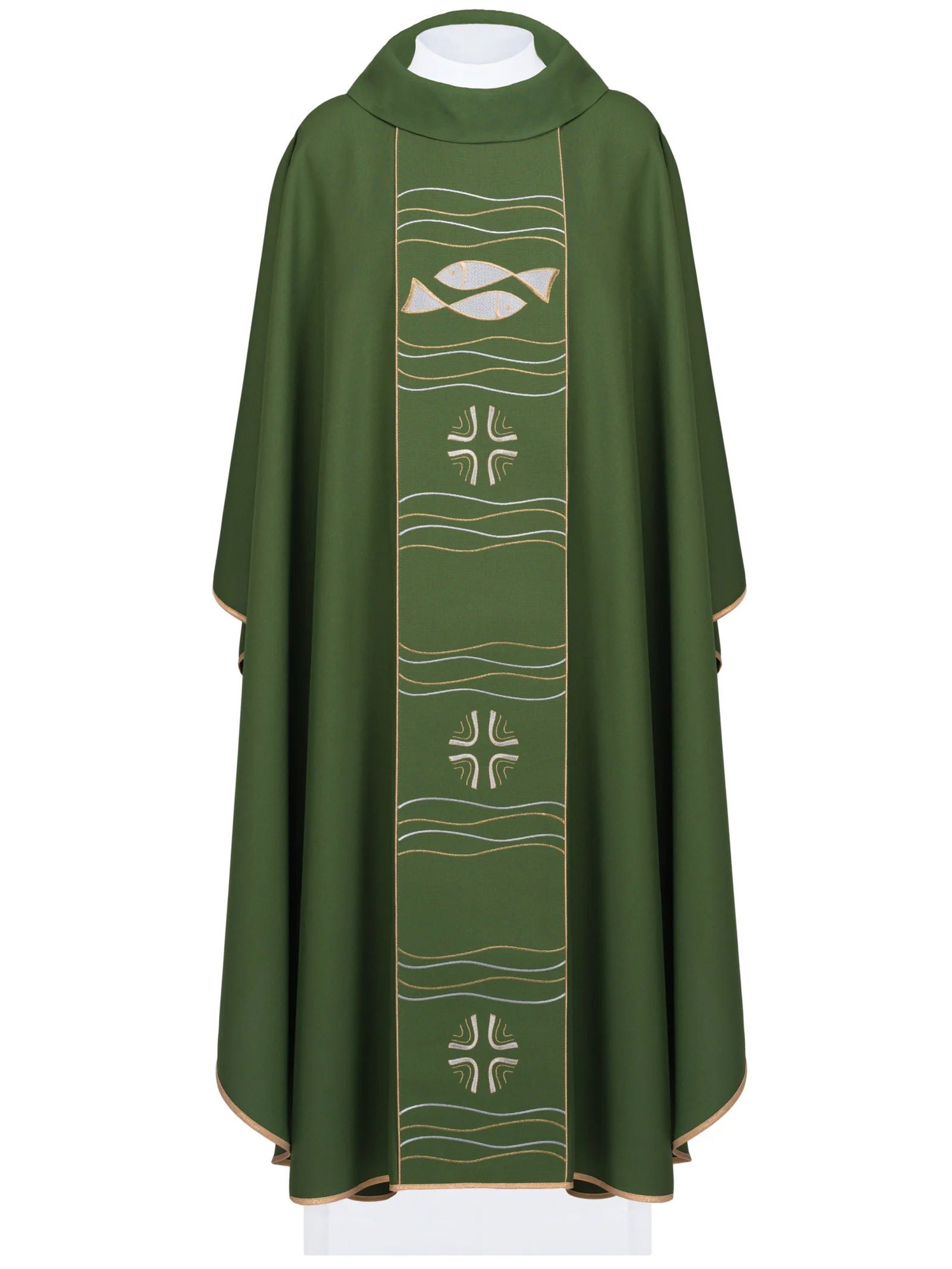 Green chasuble with cross and fish embroidery