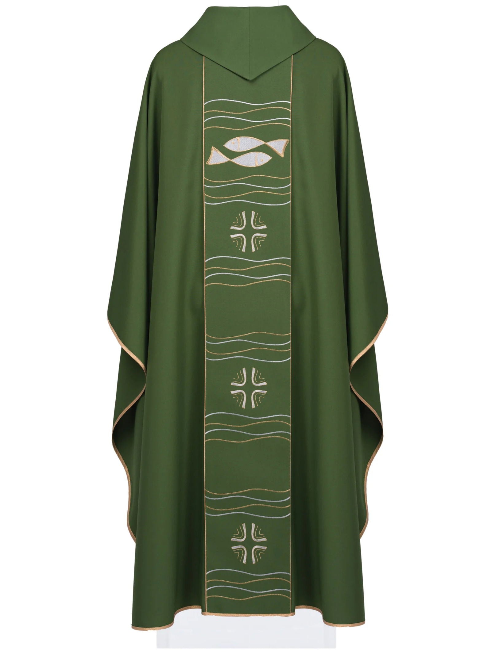 Green chasuble with cross and fish embroidery