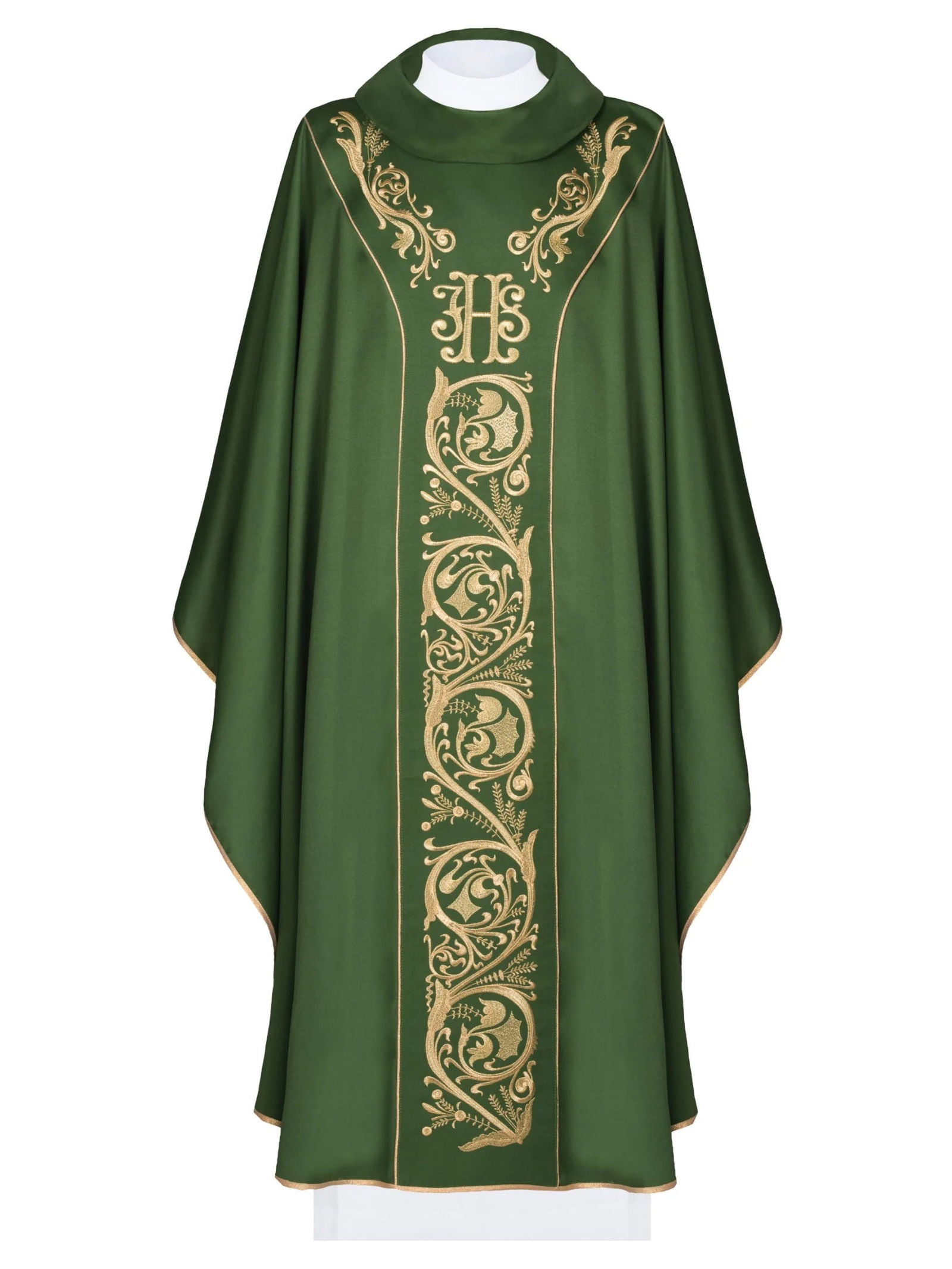 Green chasuble with embroidered gold IHS stripe