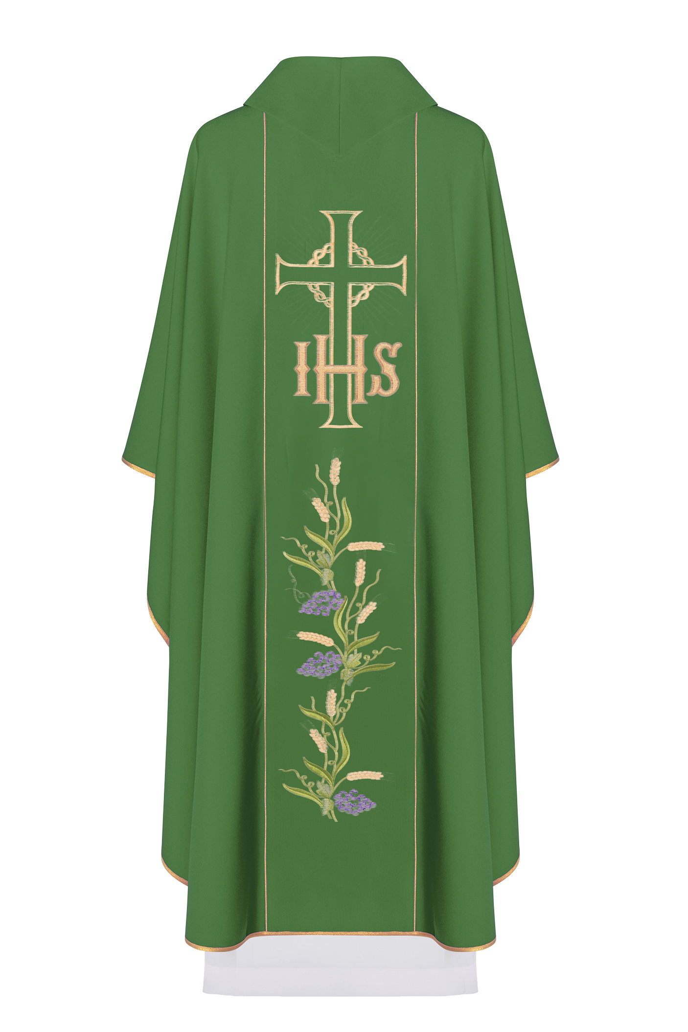 Green chasuble with decorated gold belt with IHS and ears