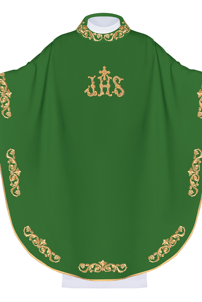 Green chasuble with gold IHS embroidery and decorative trim