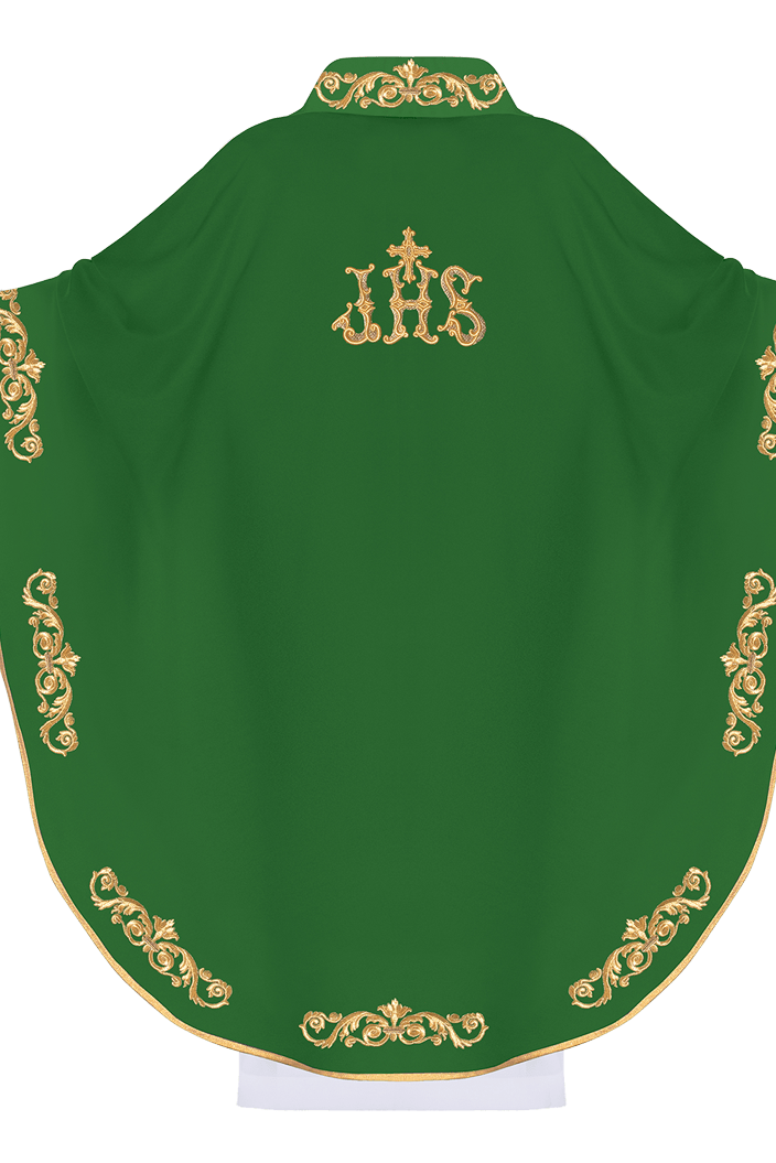 Green chasuble with gold IHS embroidery and decorative trim