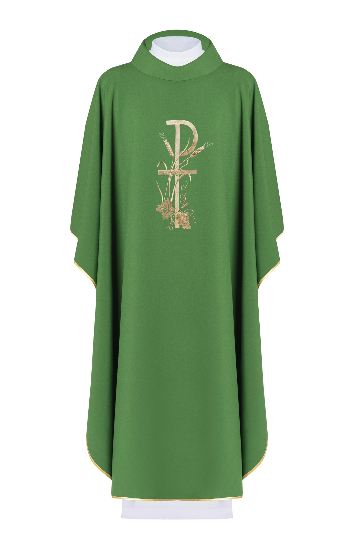 Green chasuble with gold cross embroidery