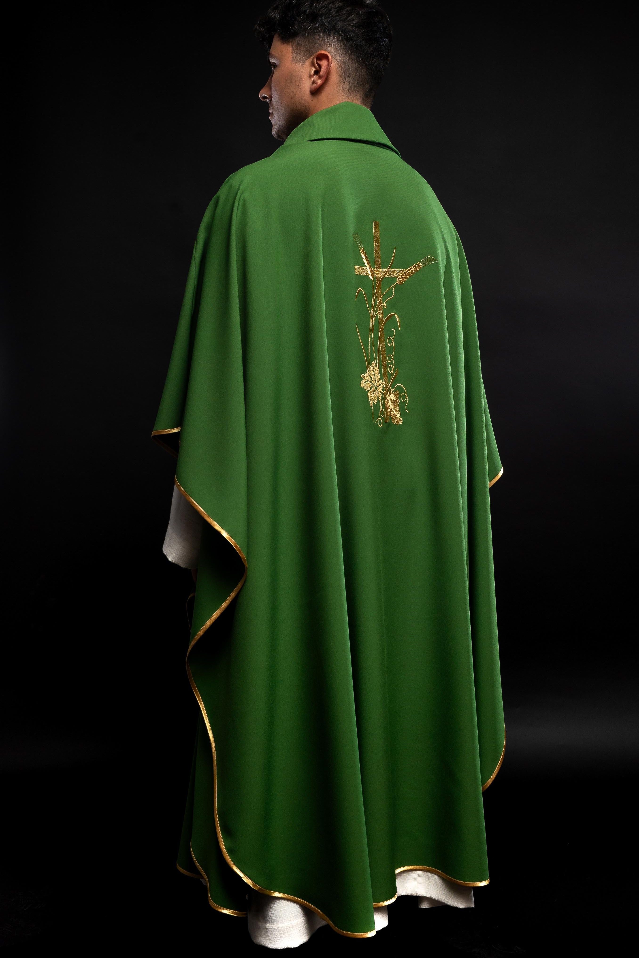 Green chasuble with gold cross embroidery