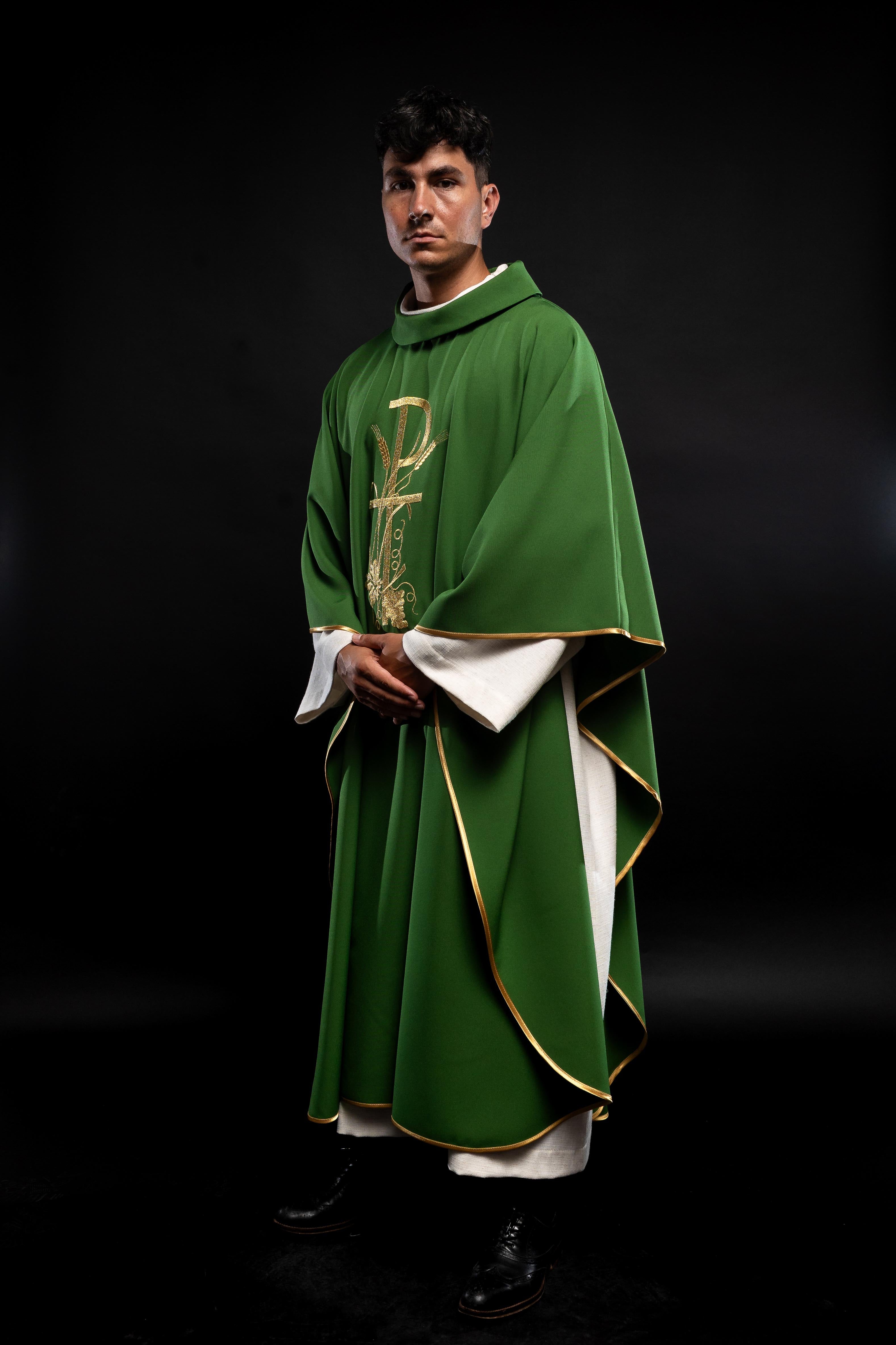 Green chasuble with gold cross embroidery