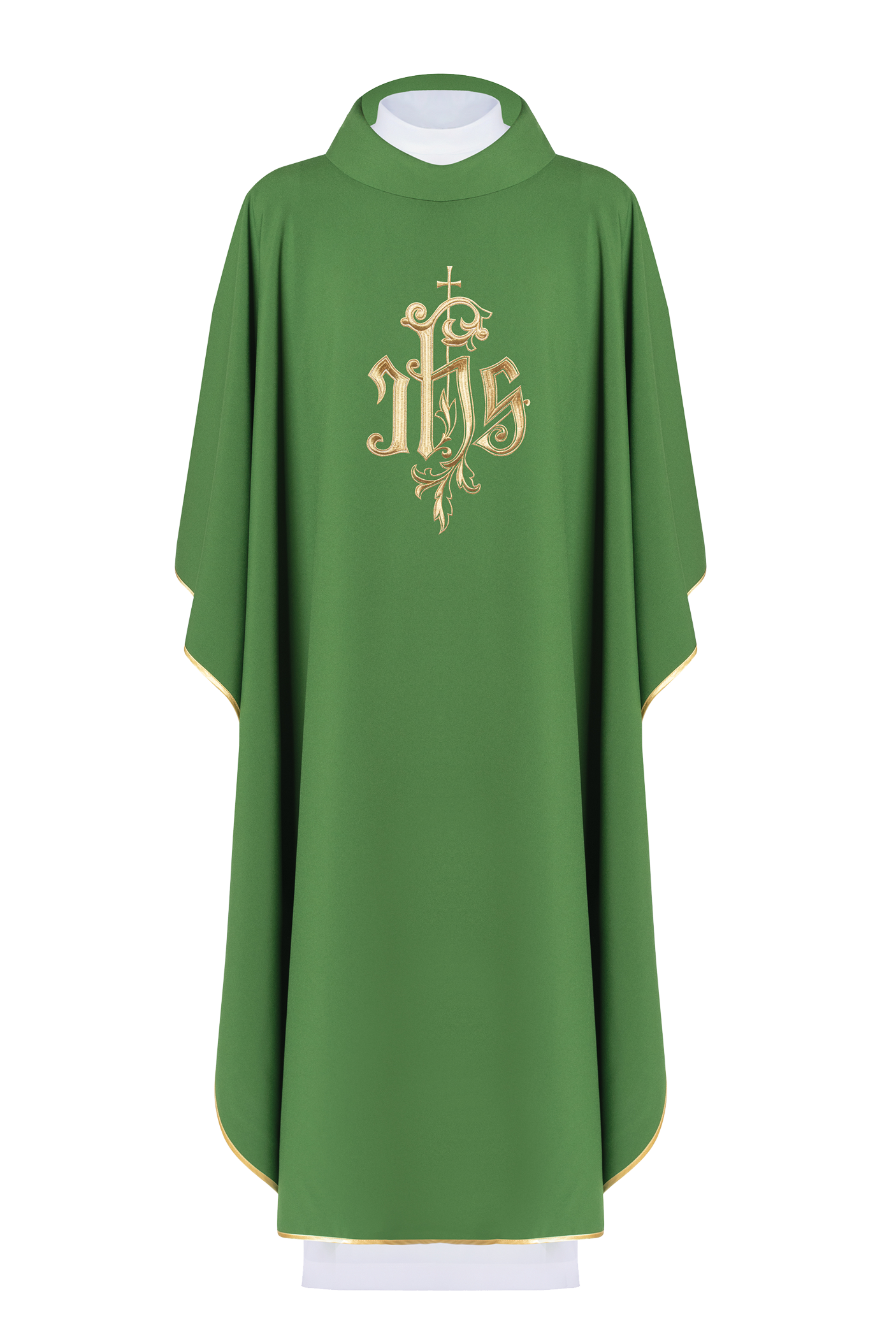 Green chasuble with gold IHS embroidery