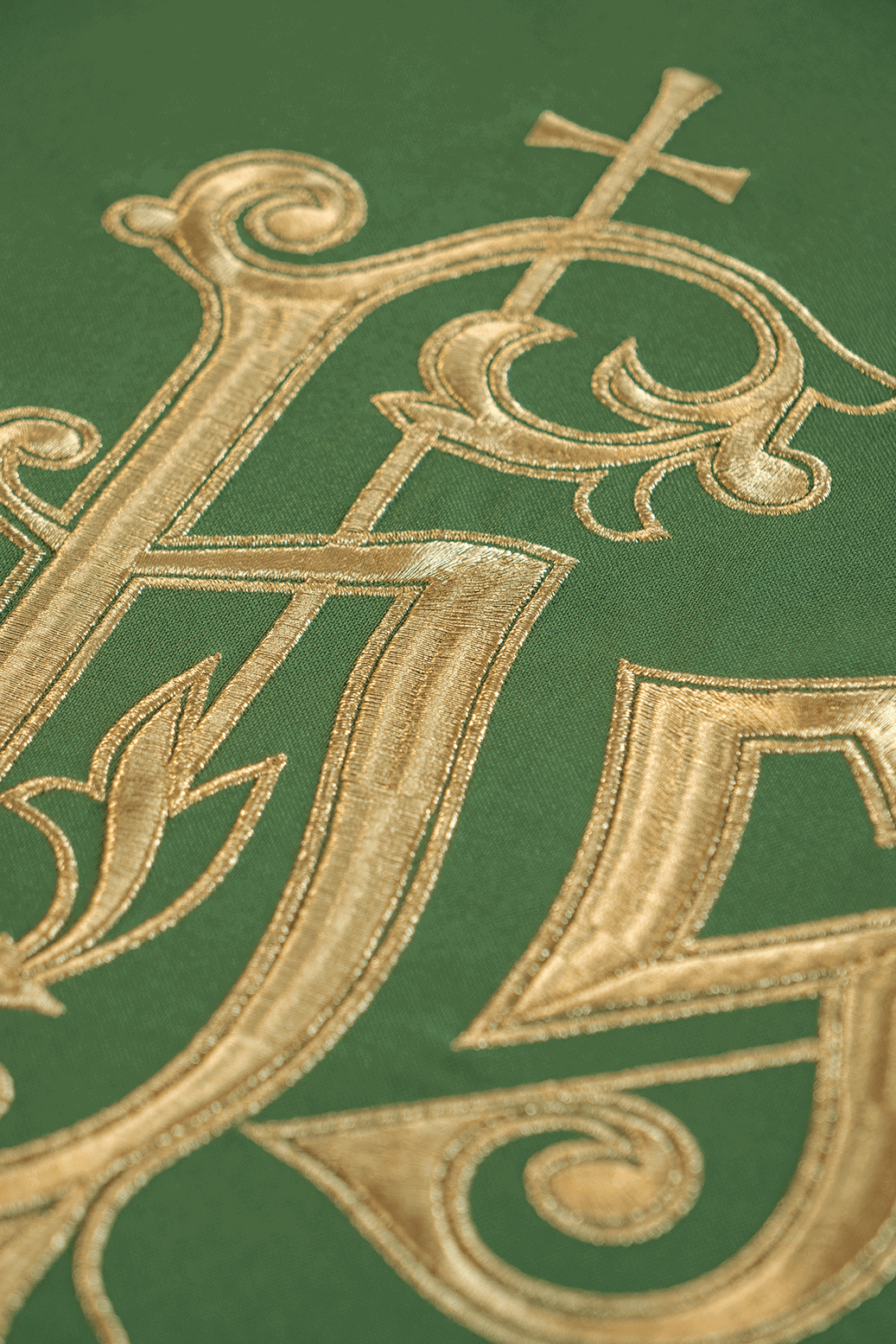 Green chasuble with gold IHS embroidery