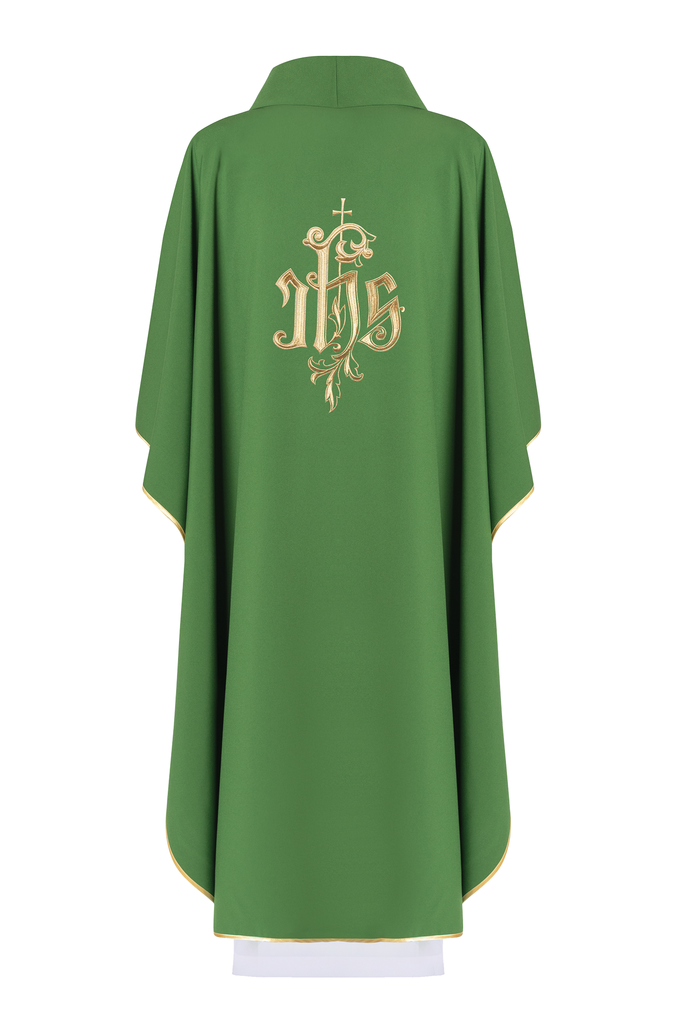 Green chasuble with gold IHS embroidery