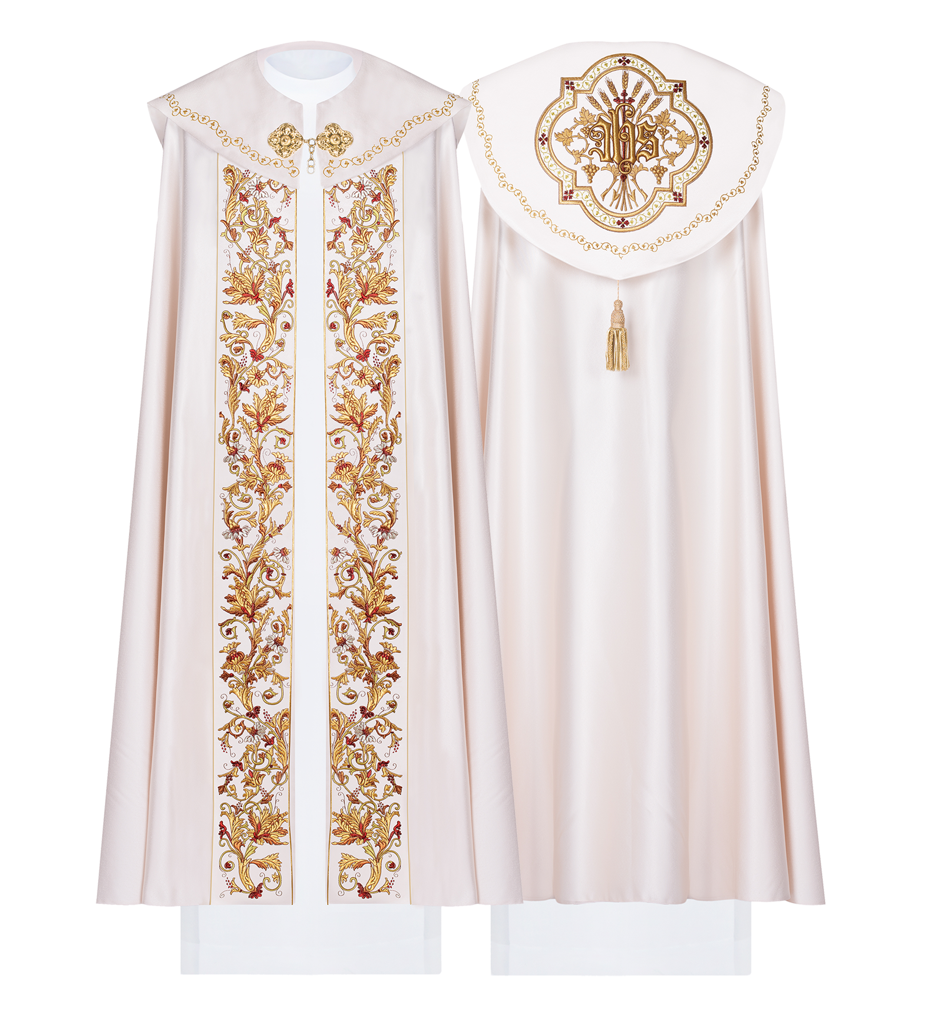 Satin ecru liturgical cape with embroidered gold IHS