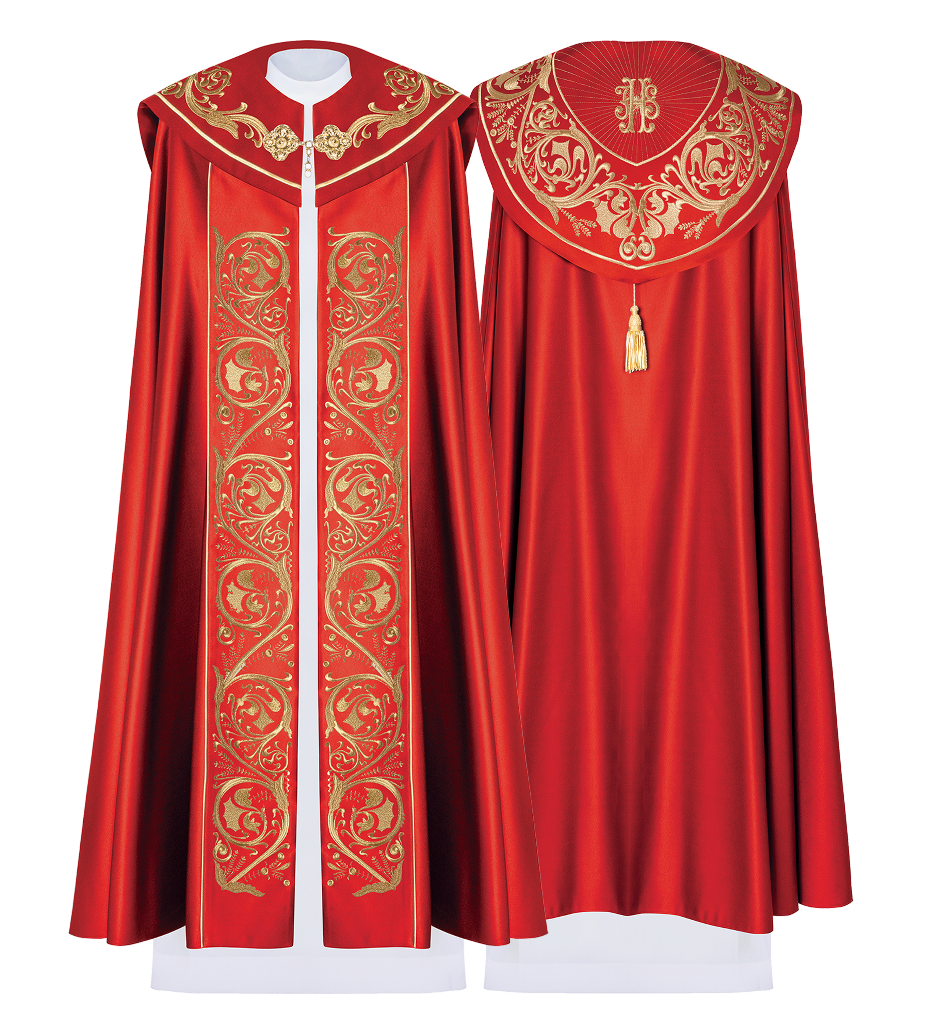 Liturgical cape richly embroidered IHS in red