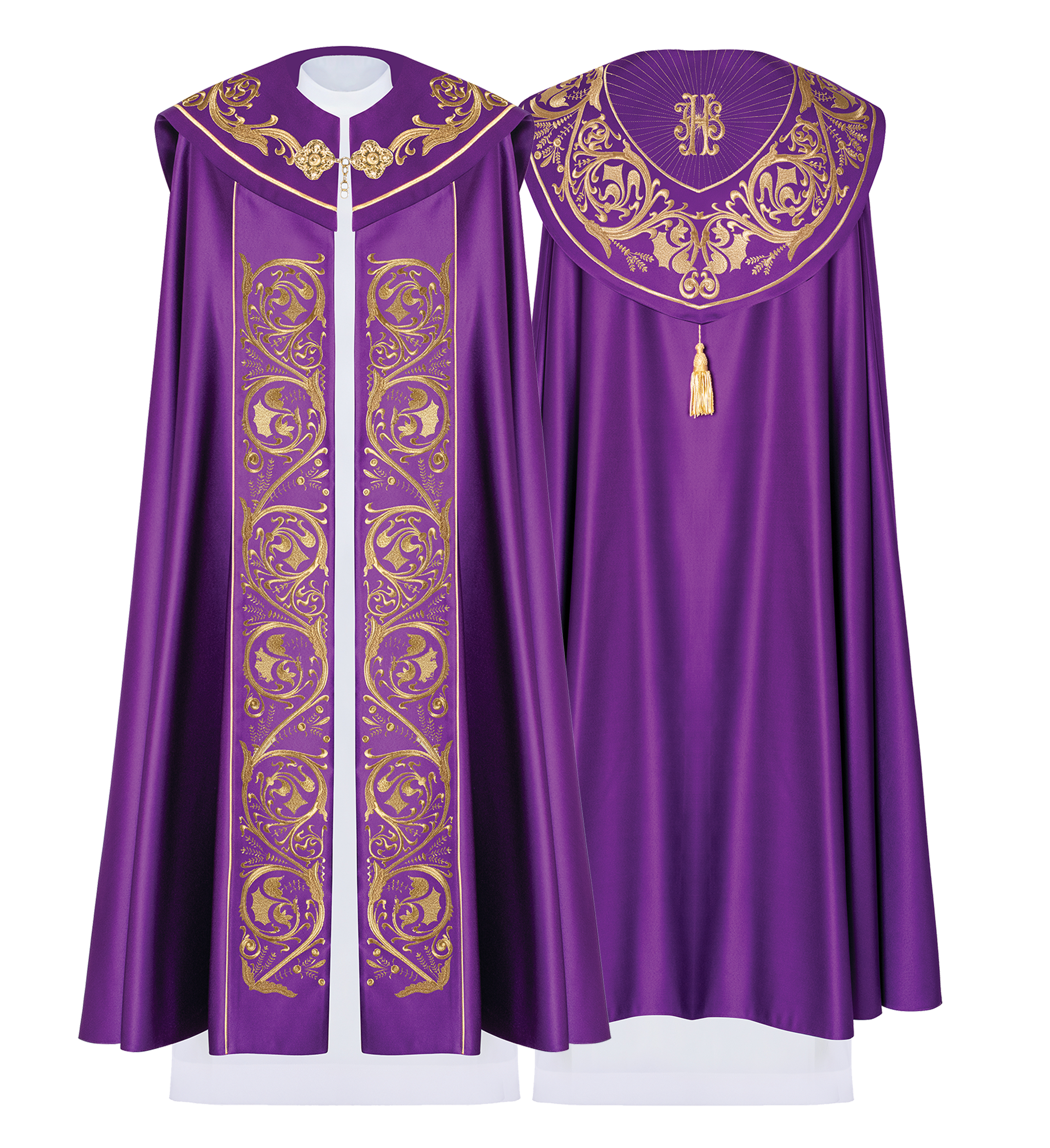 Purple liturgical cape with gold IHS monogram