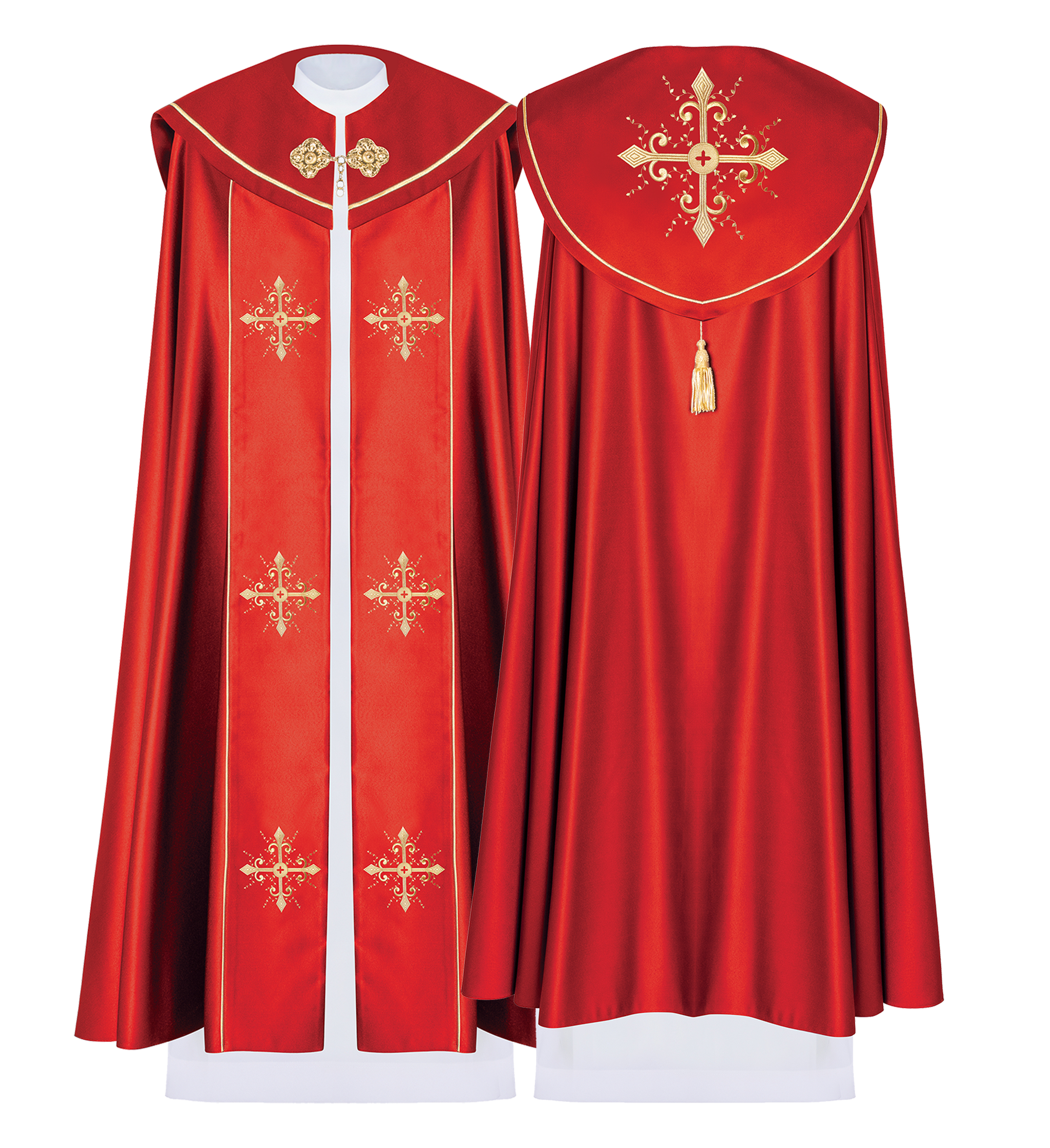 Red liturgical cape with gold crosses embroidery