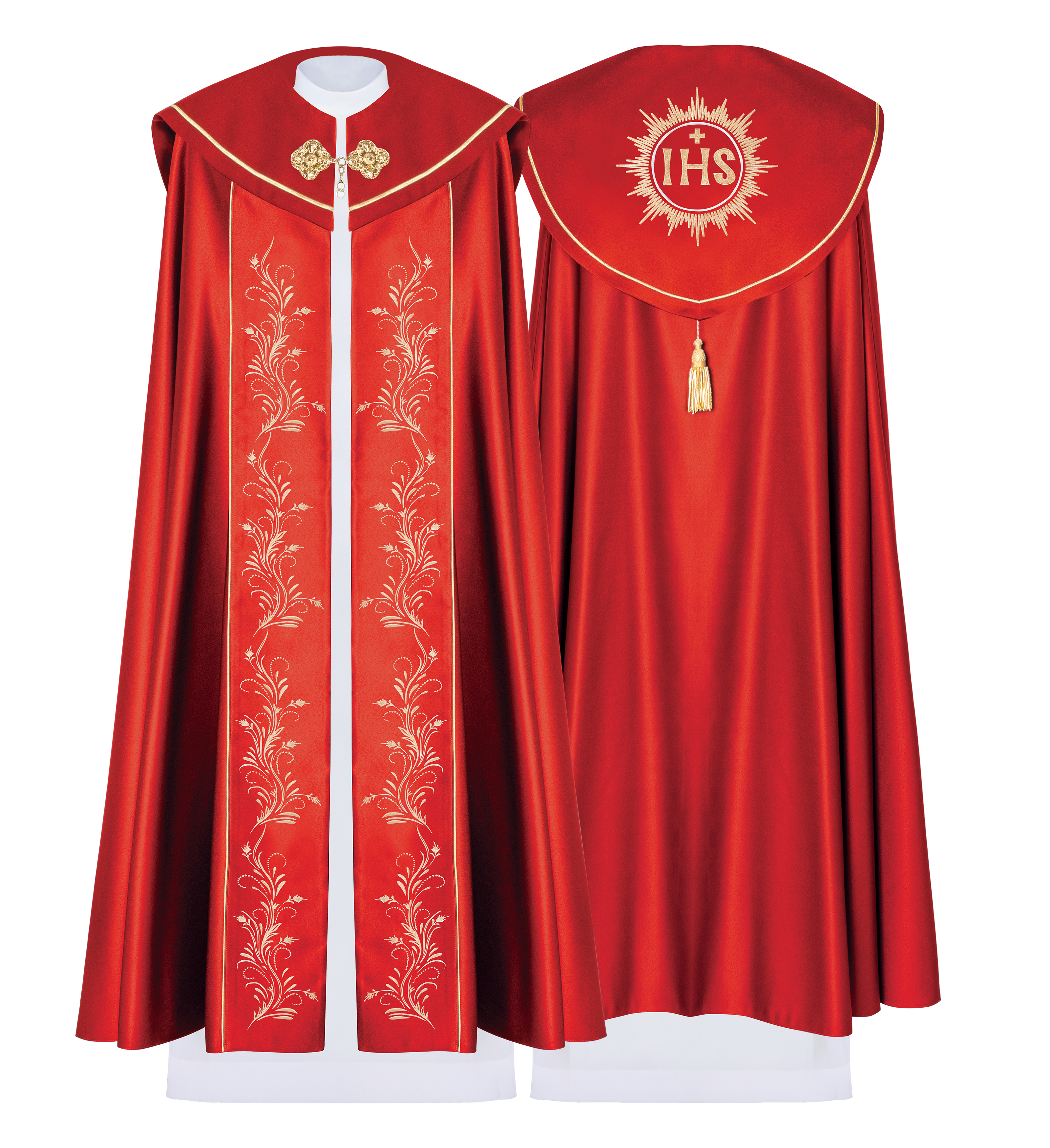 Liturgical cape embroidered with IHS motif in red
