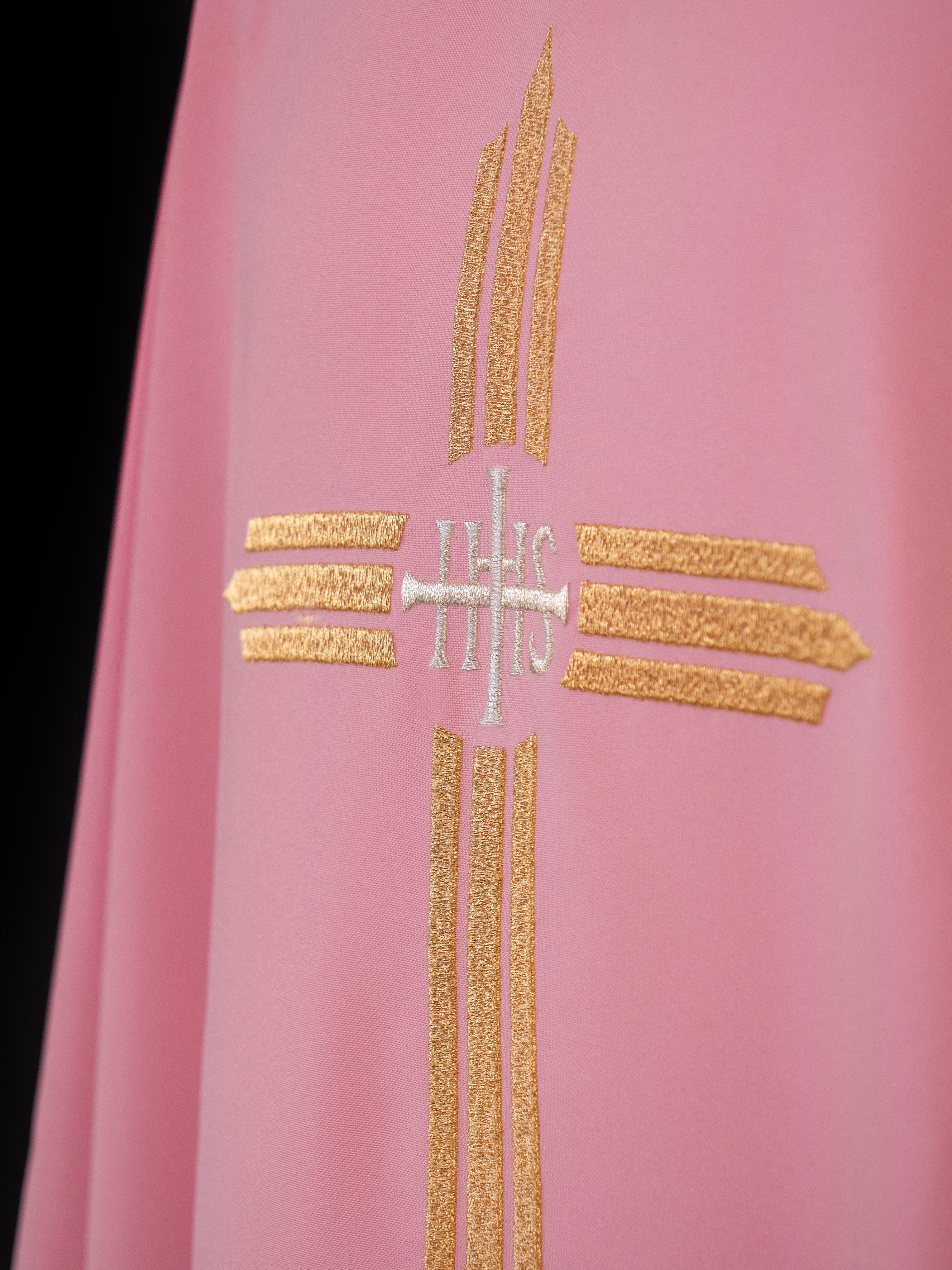Pink chasuble with gold IHS embroidery