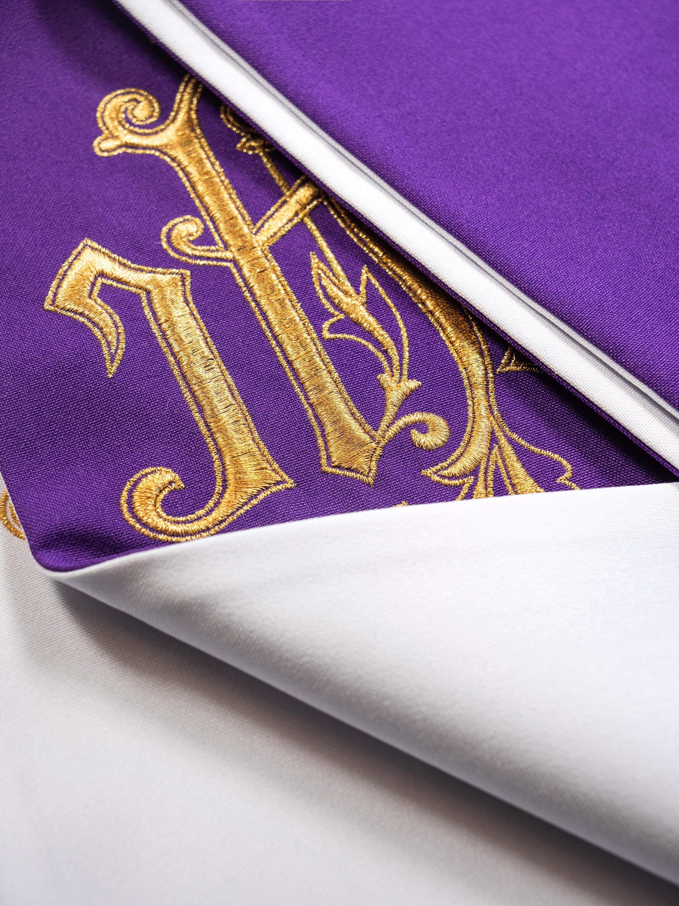 Double-sided embroidered stole IHS purple and white
