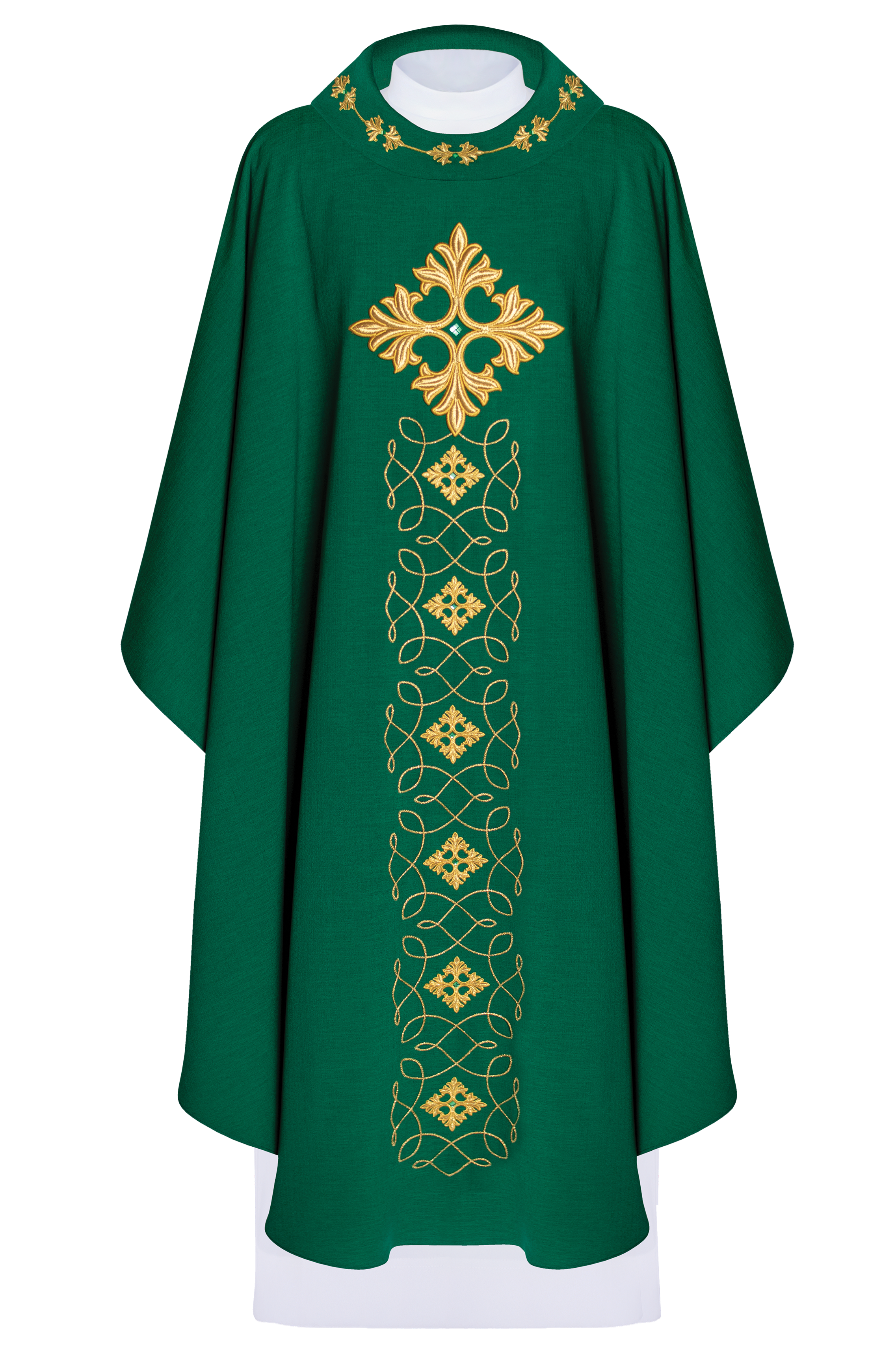 Green chasuble richly embroidered with string and stones